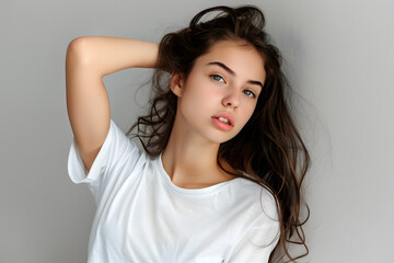 Young beautiful brunette woman model in white T-shirt posing on light grey background