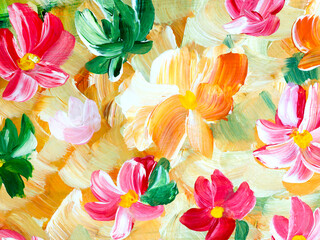 Abstract  daisy flowers, original hand drawn, impressionism style, color texture, brush strokes of paint,  art background. - 746483431