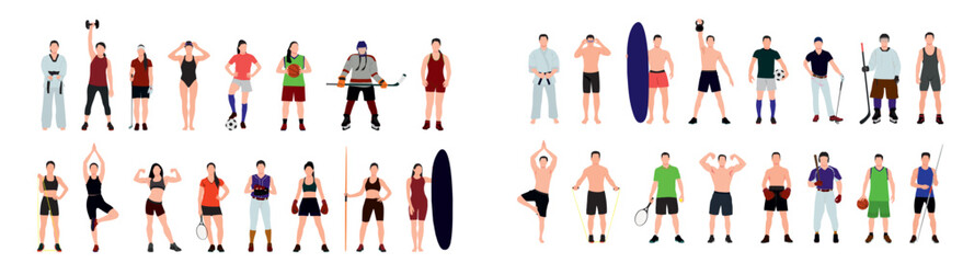 Sports people set. athletes characters men and women Vector illustration in isolated white background. 