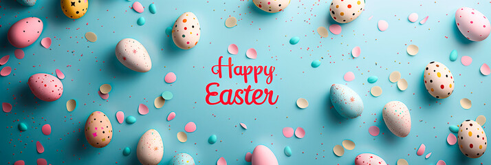 Fototapeta na wymiar Happy Easter festive banner with easter eggs flat lay 