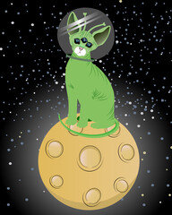 Fototapeta premium A green alien cat sits on the moon in outer space