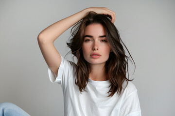 Naklejka premium Young beautiful brunette woman model in white T-shirt posing on light grey background