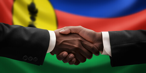Businessman, diplomat in suits clasp hands for handshake over New Caledonia flag, agree on united success in trade, diplomacy, cooperation, negotiation, teamwork in commerce, gesture of greeting