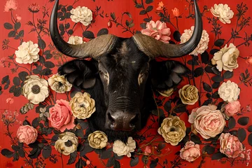  Colorful, exotic wildlife buffalo, flower background fantastical landscapes, a radical display of realism © weerasak