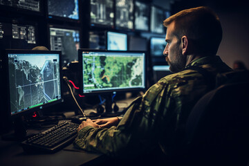 AI generated portrait of military checking and working on computer for surveillance tracking drone operations