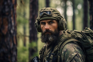 Obraz premium AI generated portrait of confident fully equipped soldier in combat gear in forest