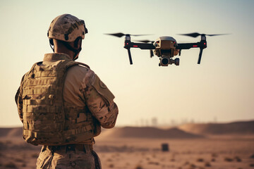 Generative AI illustration of military launches a combat drone in field for a special operation - Powered by Adobe