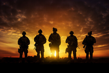 Fototapeta na wymiar Armed and strong soldiers of special forces fighting against aggressors on sunset background made with generative AI