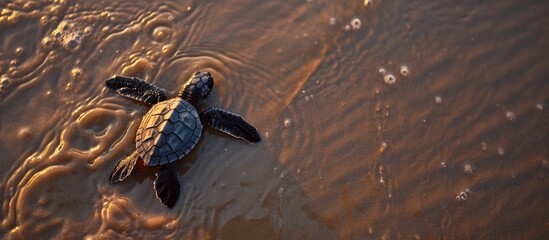 Baby turtle crawling towards the sea, filmed from above at a close distance.