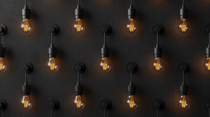 glowing light bulbs on black wall, innovative ideas critical thinking brain storming concept