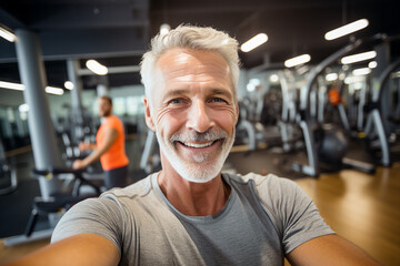 Fototapeta premium Elderly people pensioners working out in modern interior big spacious gym Generative AI illustration