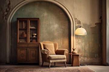 Time-worn Vintage Living Room: Arch Doorway, Classic Lamp & Bygone Elegance