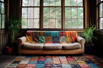 Time-Worn Vintage Living Room: Colorful Bohemian Rug, Grid Window, Past Travels Inspirations