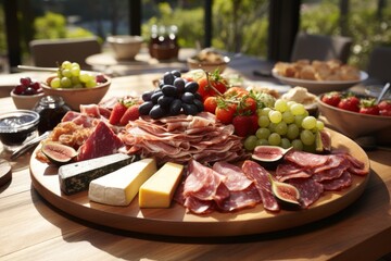 Delicious cheese platter on wooden board, high quality image with warm sandy tones.