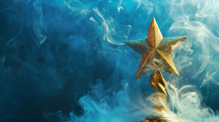 Obraz na płótnie Canvas Gold star trophy in a smoke blue background.