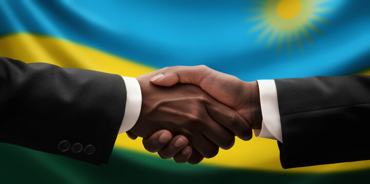 Businessman and diplomat in suits clasp hands for handshake over Rwanda flag, agree on united success in trade, diplomacy, cooperation, negotiation, support, teamwork in commerce, gesture of greeting