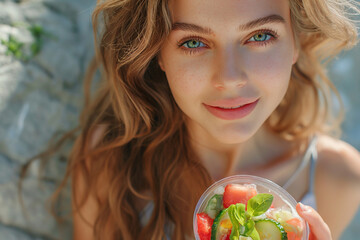 Beautiful girl with a bright salad in her hands on a sunny day smiles and looks at the camera