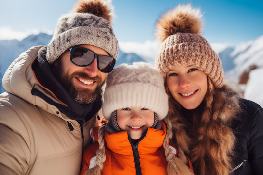 Family winter time active sports hiking wonderful landscapes Generative AI made picture