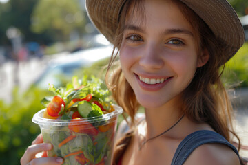 Beautiful girl with a bright salad in her hands on a sunny day smiles and looks at the camera
