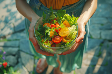 Beautiful girl with a bright salad in her hands on a sunny day smiles and looks at the camera