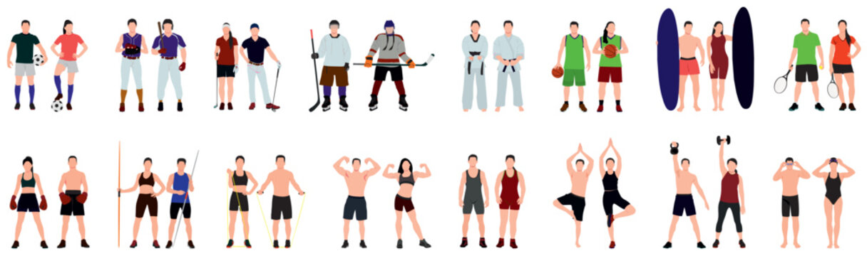 Set of  male and female athletes. Collection of various athletes vector illustrations.