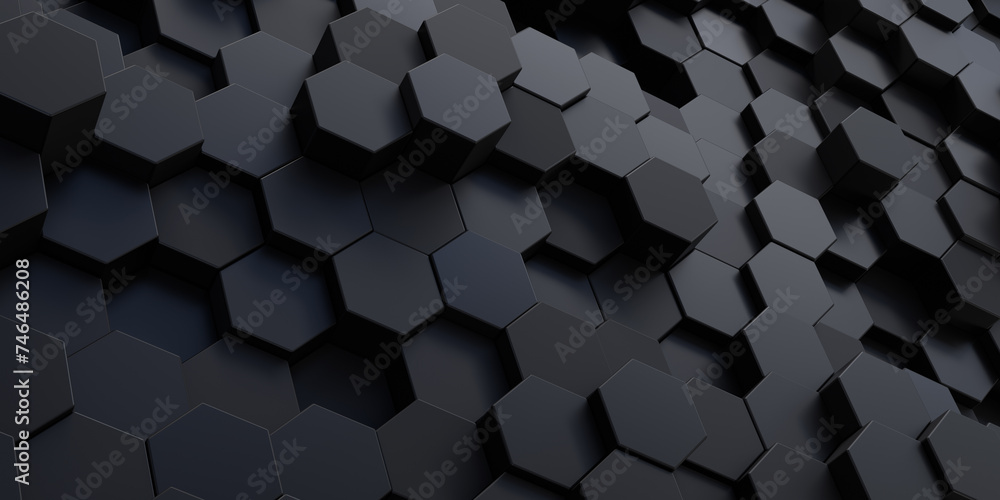 Poster abstract black polygonal background. 3d rendering. displaced hexagonal pattern. futuristic concept