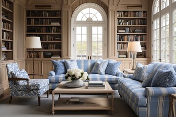 Timeless Coastal Library: Blue Textiles & Seaside Decors Inspiring Classic Elegance