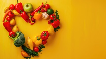 banner, Vegetables and fruits in the shape of a heart on yellow background. Concept of healthy eating, vegetarianism, health care, health day, with copy space