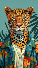 illustration of a leopard face wearing a blue shirt with pop art style