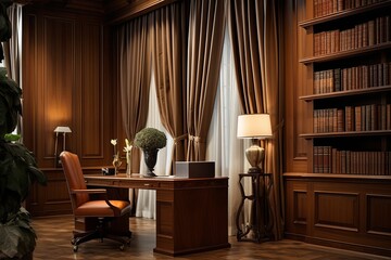 Timeless Classic Library Interiors: Laminate Desks & Curtain Dividers Design