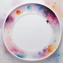 Empty white mocup, circle in a text frame with colorful oil paintings gradient space stars
