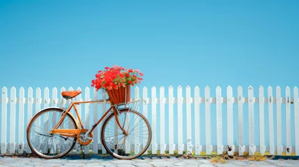 Keuken spatwand met foto Charming Rustic Bike with Lush Flower Backdrop © mimagephotos