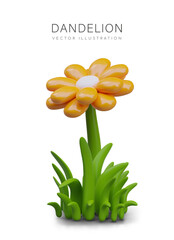 Yellow dandelion in green grass. Realistic illustration on white background