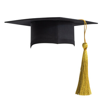 Graduation hat, Academic cap or Mortarboard in black with gold tassel png isolated on transparent background for educational hat design mockup and school commencement hat mock-up template