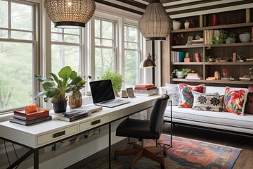 Bohemian Fusion: Transitional Style Home Office Designs featuring Creative Glass Pendant and Cushion Accents