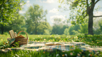 A tranquil picnic setup with a basket and open book in a lush park, peaceful retreat into nature.