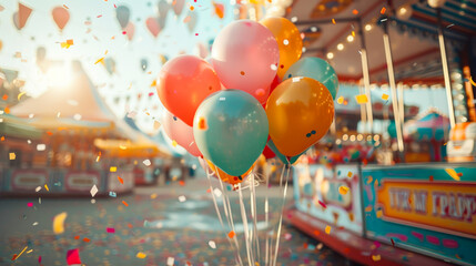 A vibrant collection of balloons rises amidst confetti at carnival, capturing the joyous atmosphere