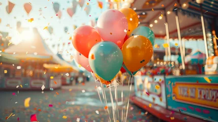 Photo sur Plexiglas Ballon A vibrant collection of balloons rises amidst confetti at carnival, capturing the joyous atmosphere