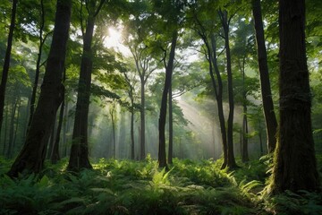 the sun shines through the trees in the forest, japan lush forest, forest ray light, peaceful lushious forest. 