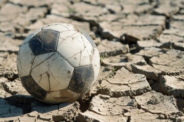 Old soccer ball on dry and cracked ground, concept of environmental preservation and Earth Day.