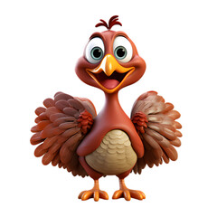 3d cartoon turkey on transparent background, thanksgiving turkey character