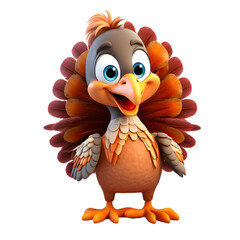 3d cartoon turkey on transparent background, thanksgiving turkey character