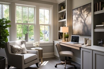 Sunny Window and Plush Chair: Transitional Style Home Office Designs Featuring Hybrid Decor