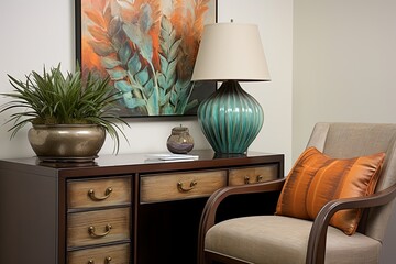 Terracotta Vase and Art Deco Poster in a Functional Transitional Home Office