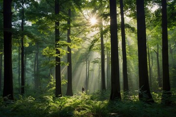 Naklejka premium the sun shines through the trees in the forest, japan lush forest, forest ray light, peaceful lushious forest, lush forest, beautiful forest. 