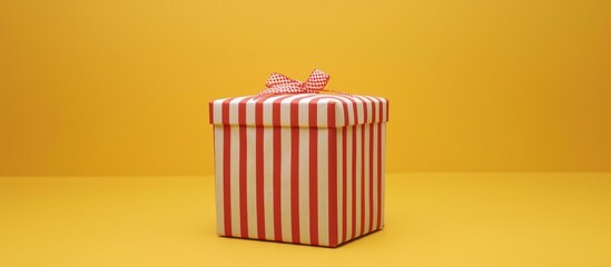Red and white striped gift box, celebration, festivity concept, yellow background.