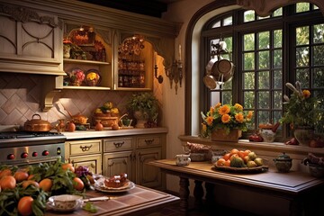 Glowing Tudor Kitchen: Amber Walls and Accent Florals - obrazy, fototapety, plakaty