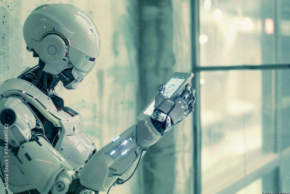 Poster fantastic world of robots with high-tech robots, machines, and artificial intelligence. the evolving