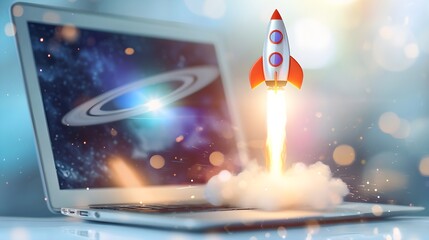 Laptop with a rocket taking off concept of earning money online working in digital business entrepreneurship cryptocurrency investment digital marketing 


 - obrazy, fototapety, plakaty
