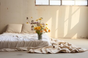 Organic Minimalist Bedroom: Urban Flats with Wildflowers Vase and Textile Rug